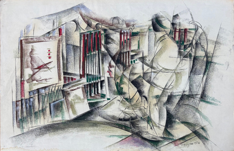 Artist in Studio Abstract/Cubist 37 3/4 x 25″ Pastel Painting-1958-Armando Sozio