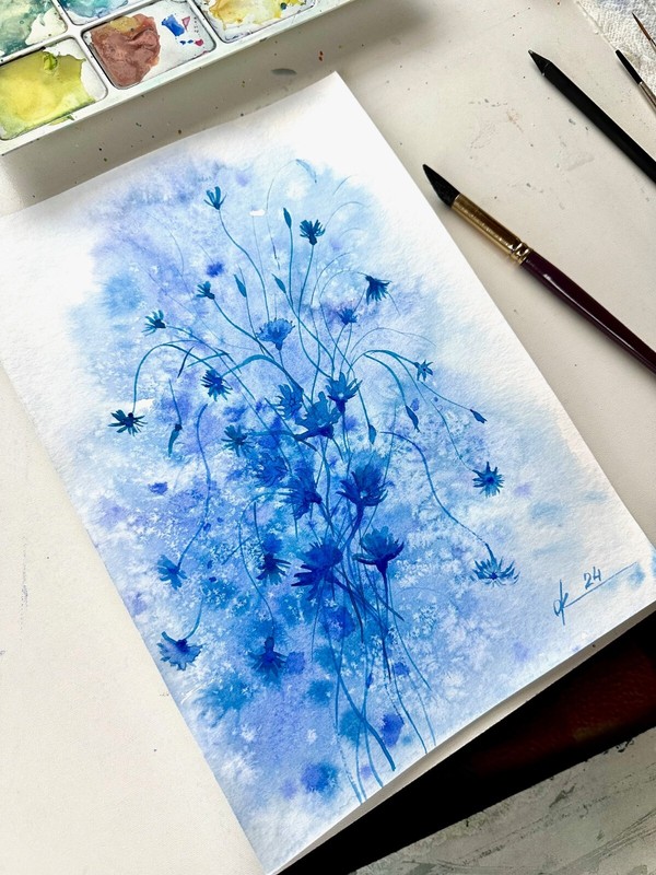 Blue cornflowers in a winter Original Watercolor still life bouquet wildflowers gallery