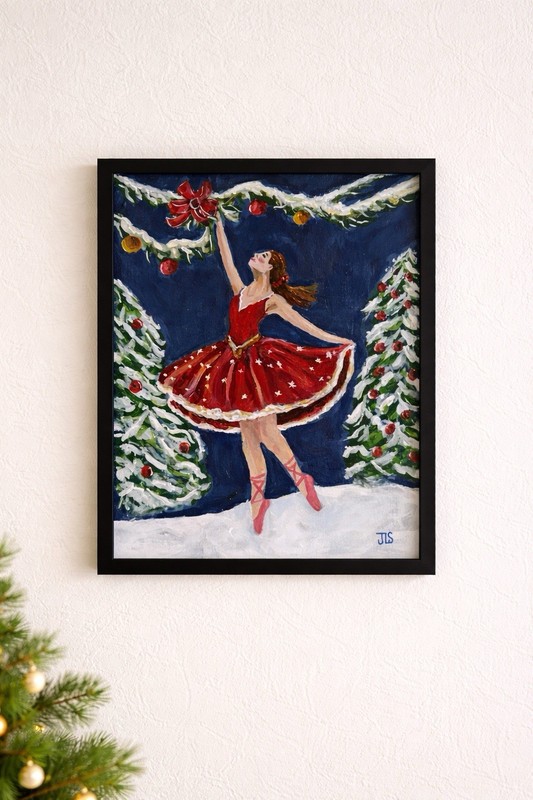 Ballerina Painting Christmas Winter Dance Art Holiday Wall Decor 11×14 Framed