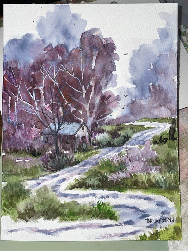 6”x8” Original Watercolor Pamela Wilhelm Tin Roof Grey House Big Trees Landscape