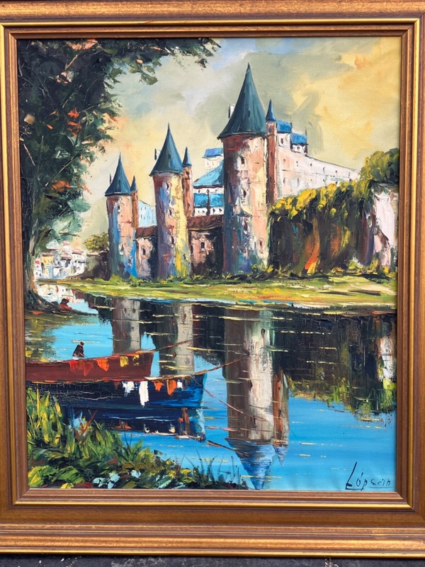 Antique Oil Painting Art Enchanted Medieval Castle on Lake Moat Signed Illegibly gallery