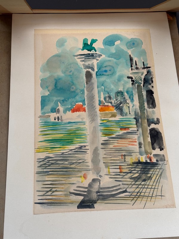 MICHEL TAPIE SIGNED ORIGINAL WATERCOLOR VENICE ITALY PIAZZETTA PILLAR COLUMNS 2