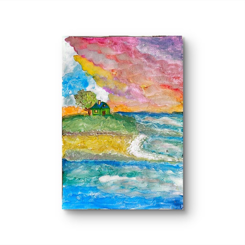 Sunset Seaside Cottage Contemporary Expressionist Original 9×12 Watercolor