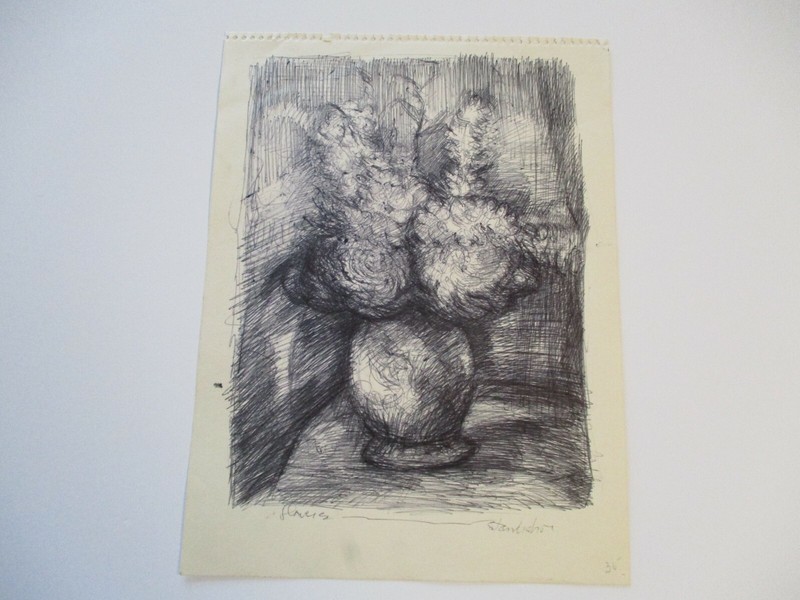 STANDISH COLECTION DRAWING STILL LIFE FLORAL FLOWERS EXPRESSIONISM MID CENTURY gallery