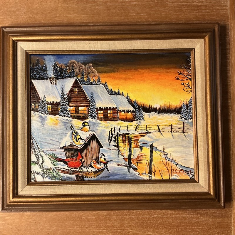 Vintage Original Signed Winter Cabin Birds Sunset Landscape Painting Framed 18”