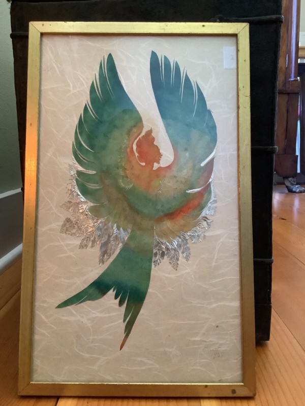 1938 SIGNED WATERCOLOR ON CUT PAPER, FRAMED