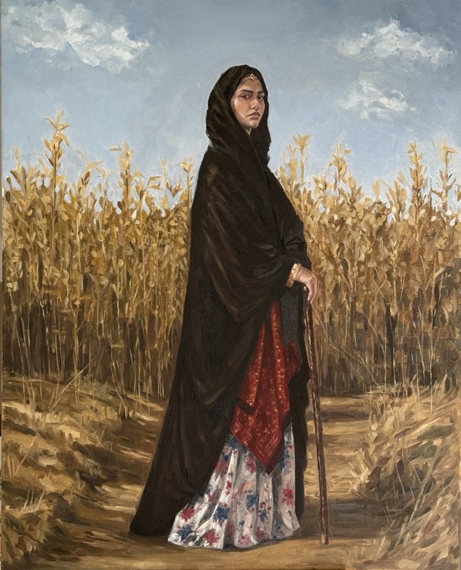 Original Oil Painting Middle Eastern Woman Standing in Wheat Field Signed gallery