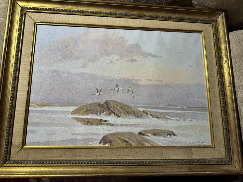 E Soousliom? «Coastal Landscape With Gulls Scene» Oil Painting – Signed/Framed