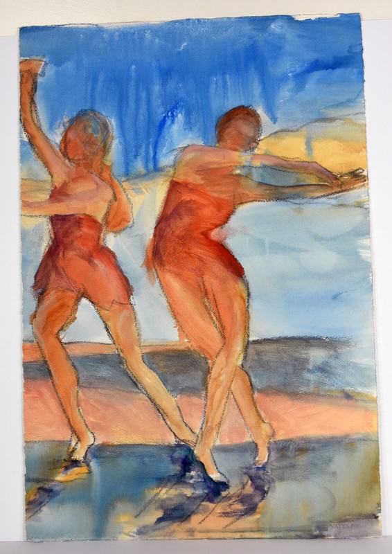 22″ Watercolor Painting Paper Carolynn Mann Art Ballerinas Dancing Red Costumes