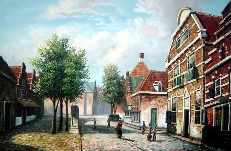 24×36 Cobblestone Street Scene In a Netherland Town With Leisure Life Oil