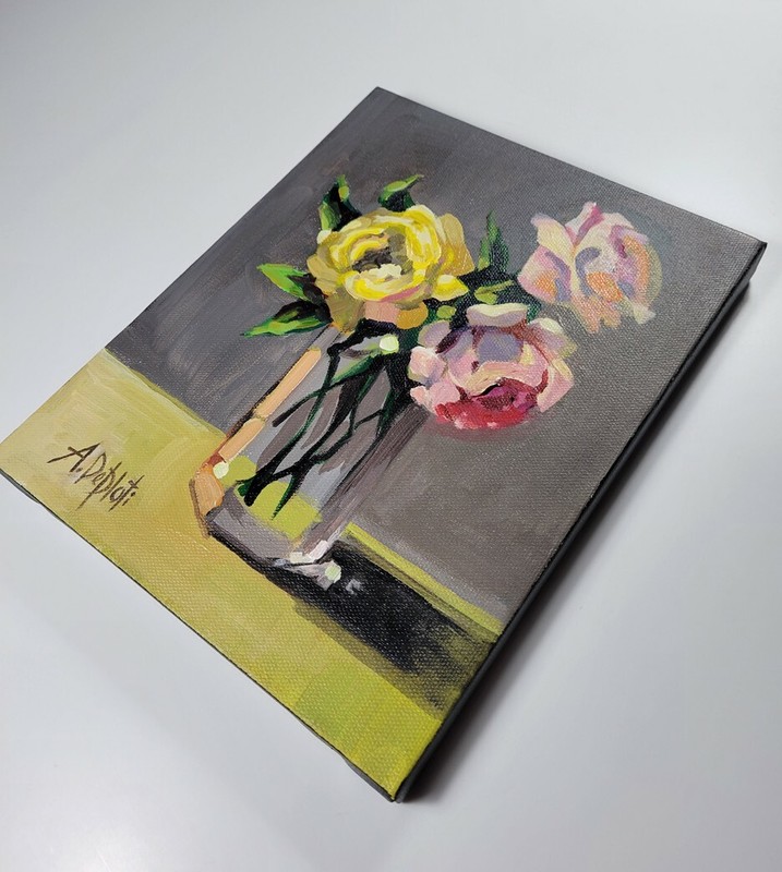 Original acrylic on canvas painting*Three roses* 8 x 10 inches, signed gallery