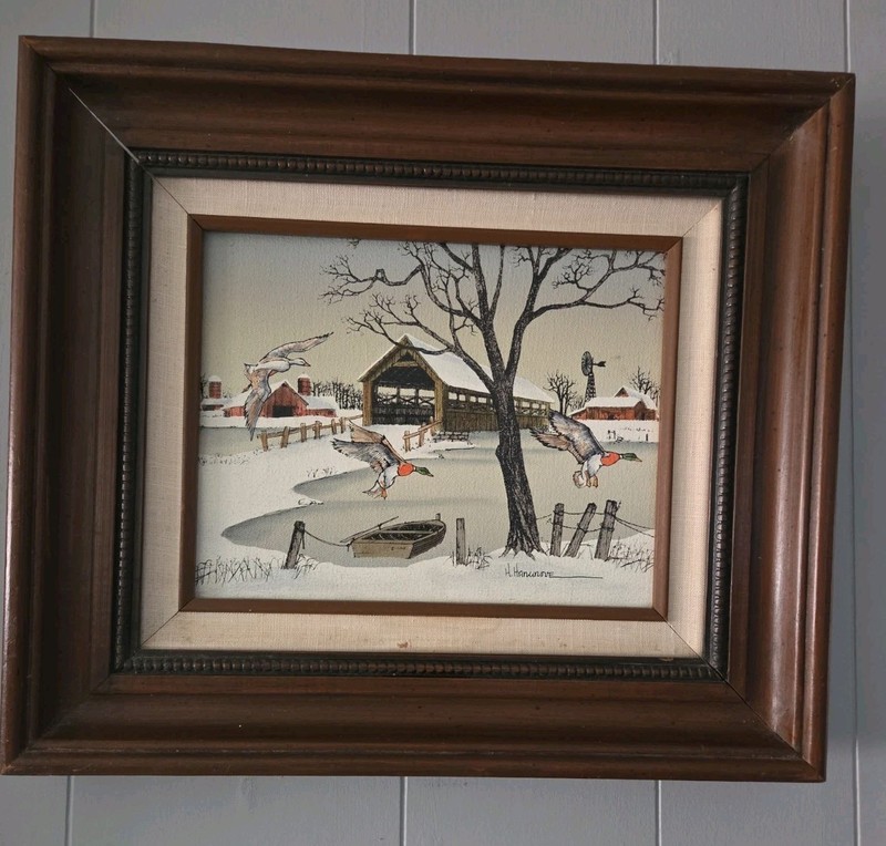 Vintage H Hargrove Signed Canvas Oil Painting Covered Bridge Mallard Ducks Snow