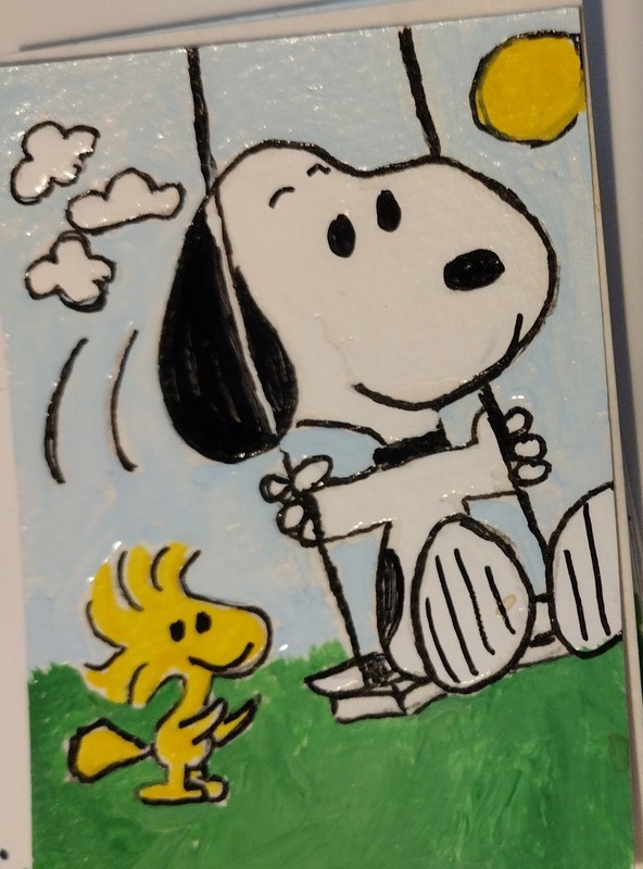 3.5″X2.5″ Artist Trading Card Snoopy And Woodstock Swing HAND PAINTED ACRYLIC
