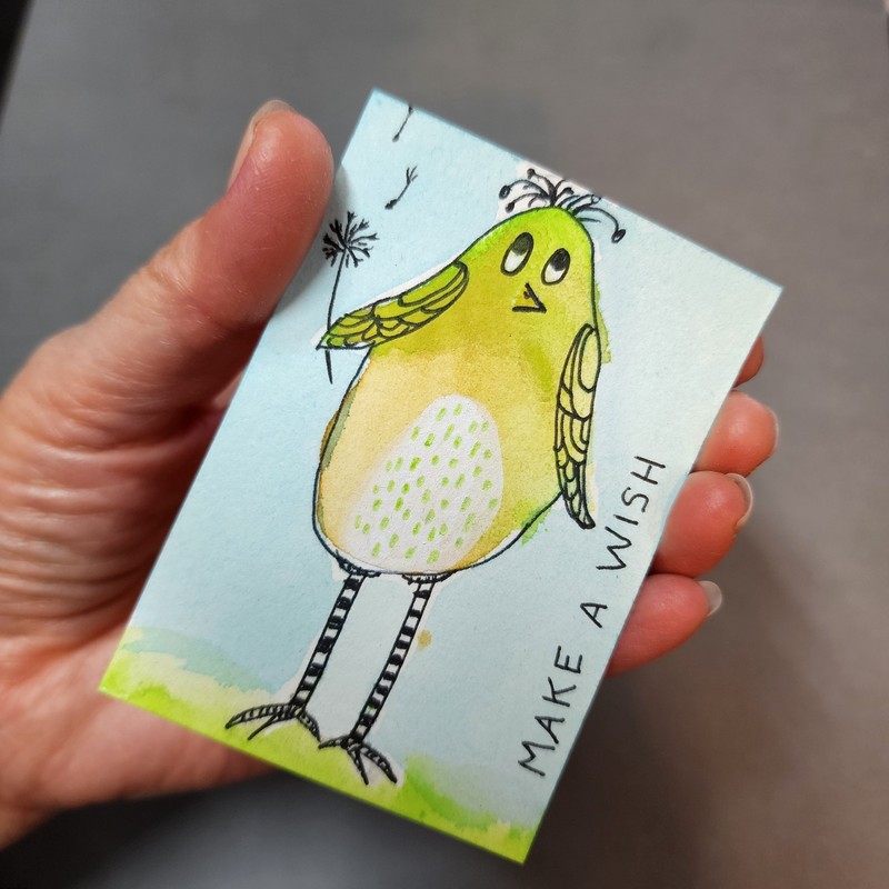 ACEO Original Painting Quirky Bird Make a Wish 2.5 x 3.5 Inches - AMBER K gallery
