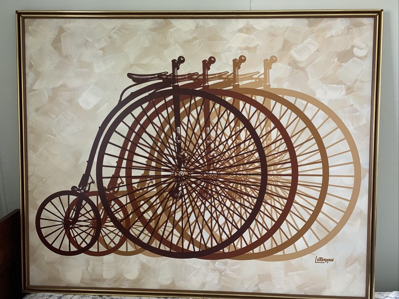 Letterman Oil Painting Mid Century Modern Art large 62″ x 50” Bicycles 70’s