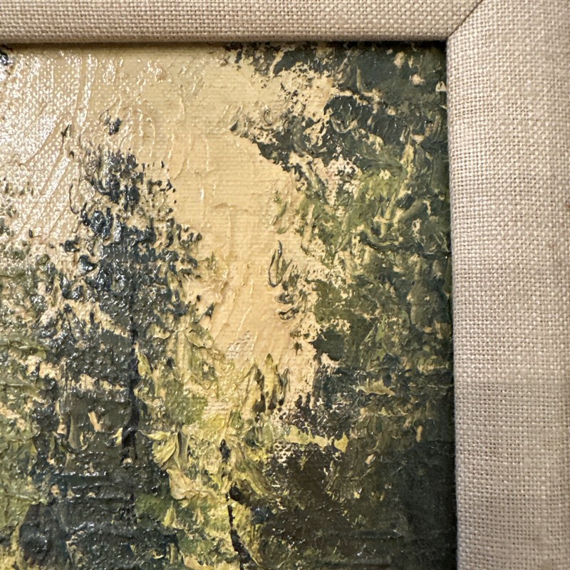 Antique Oil Painting Signed By Artist Fall Woods Forest Evergreen Trees Framed gallery