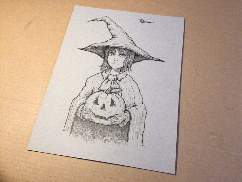 Original Ink Sketch, 9x12 Inches, Halloween Pumpkin And Trick-or-Treater gallery