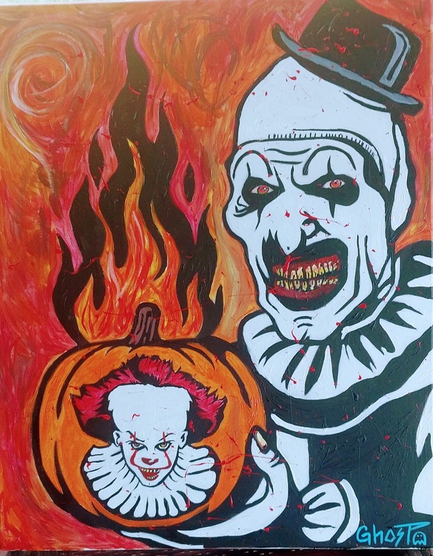 ORIGINAL PAINTING » ART THE CLOWN, CARVED PENNYWISE» BY NYC ARTIST GHOST HORROR