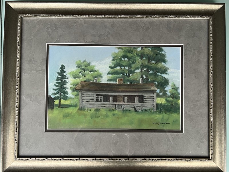 Original 1945 Art Piece By A. Juntunen – Cabin In Woods – Signed And Framed