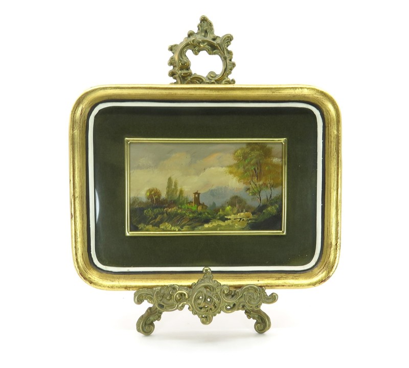 Italian Countryside Miniature Oil Painting Framed & Displayed on Brass Easel