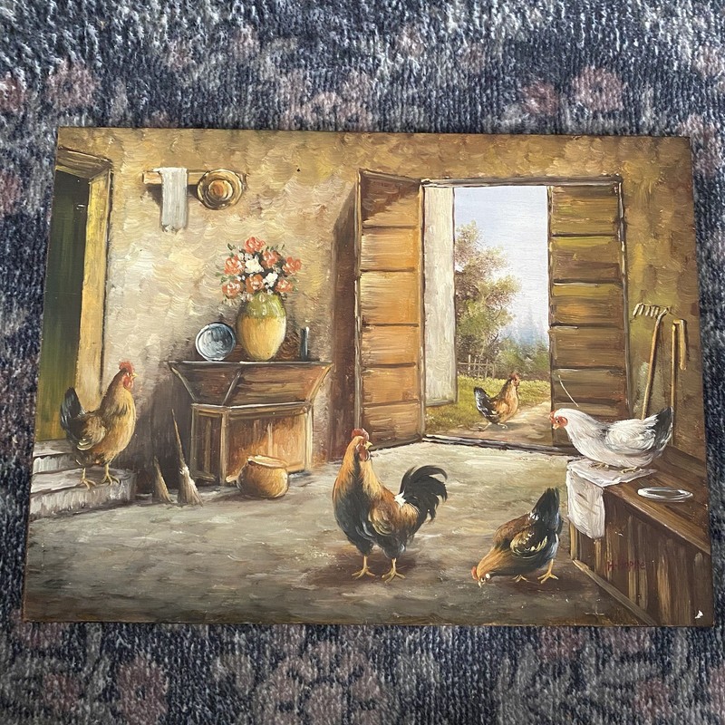 Oil Painting Roosters And Chickens In A Barn Signed
