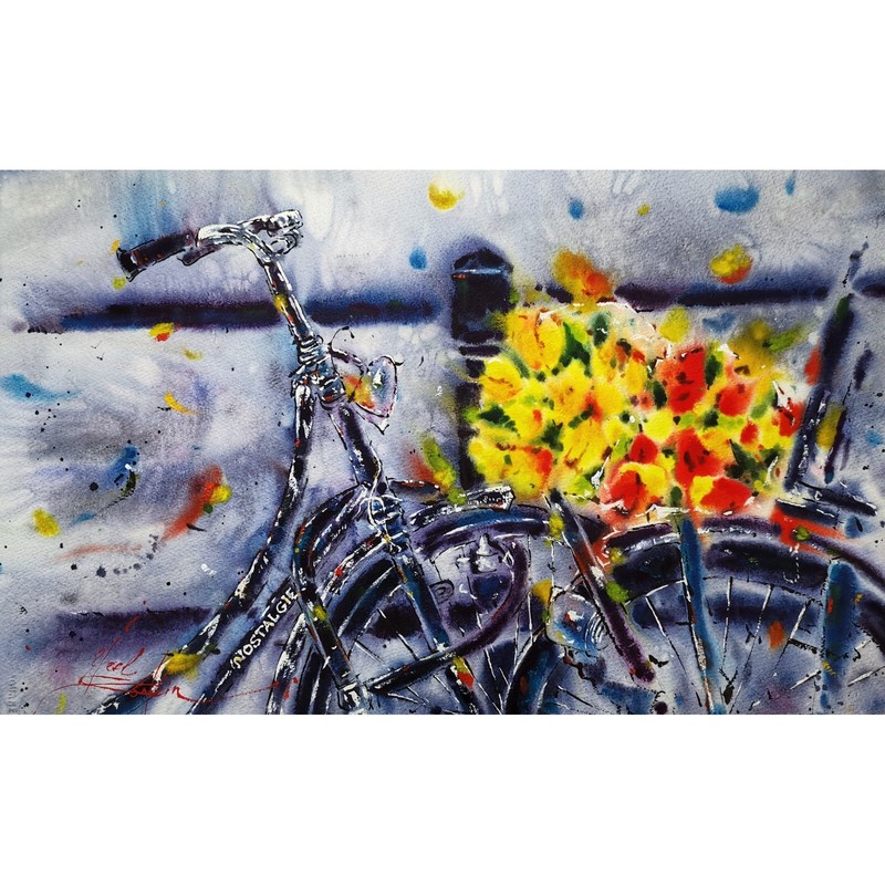Original Watercolor Amsterdam Bicycles and Tulips Painting, Floral Art, 15″x22″