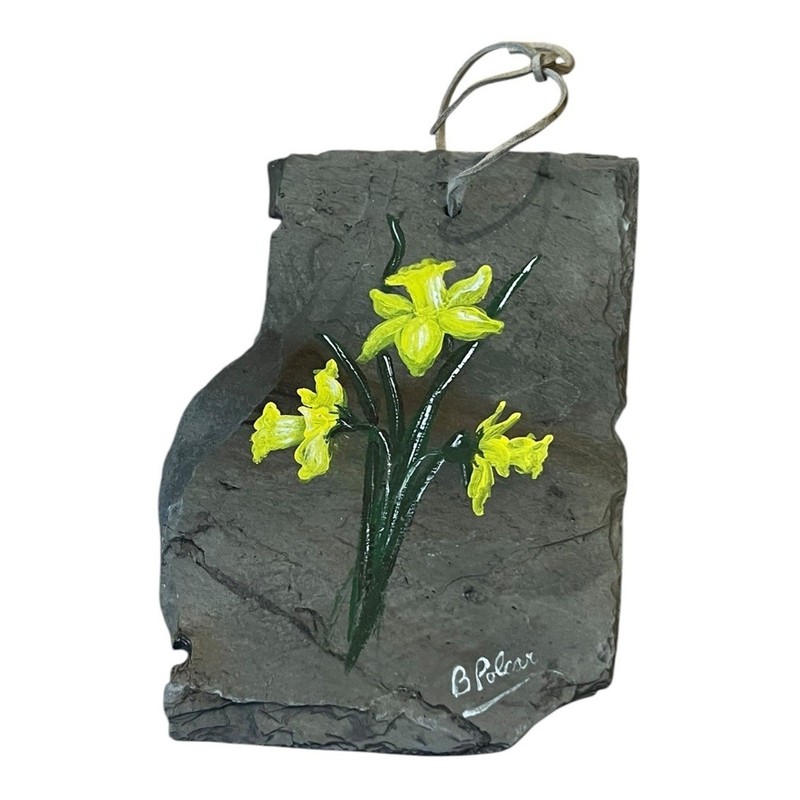 Painted Slate Daffodils Folk Art Signed By Artist B Polcar Rustic Cottagecore