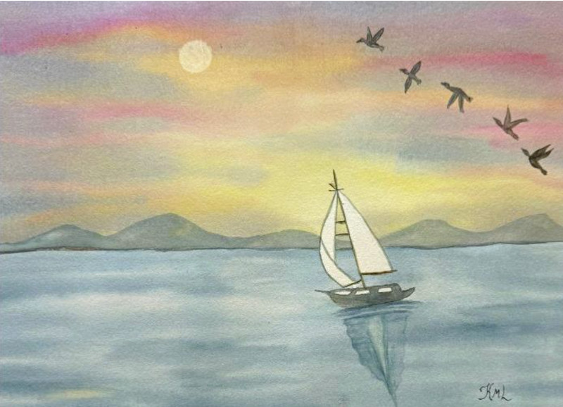 PAINTING WATERCOLOR SUNSET SAILBOAT OCEAN LANDSCAPE ART 11X14 DOUBLE MAT 16X20
