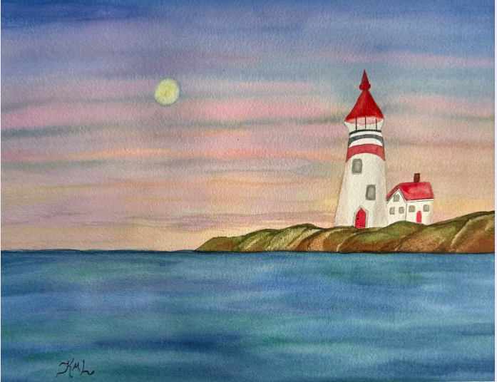 PAINTING WATERCOLOR SUNSET LIGHTHOUSE OCEAN SEA LANDSCAPE OCEAN 11X14 MAT 16X20