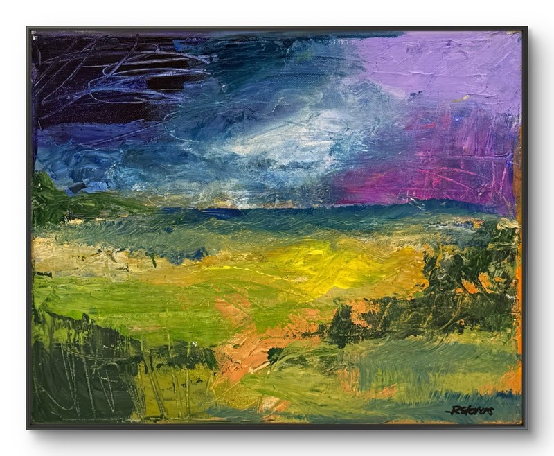 11x14 Acrylic Abstract Landscape Impasto by R Stevens Purple Green Violet Storm gallery