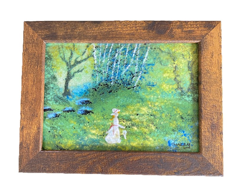 Jean Lucey Enamel On Copper Painting Lady White Dress Trees Parasol Flower Frame