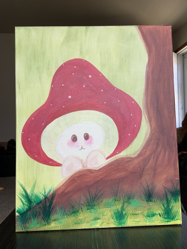 Fantasy Mushroom Acrylic Painting on Canvas, Whimsical Cute Character