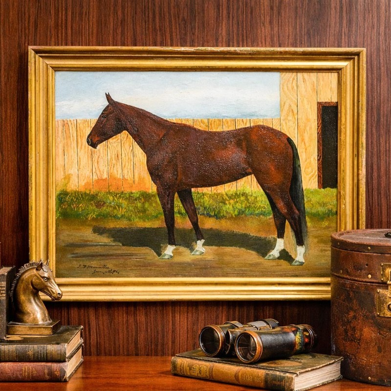 Stunning Original Antique Oil Painting Standing Horse Equestrian Country