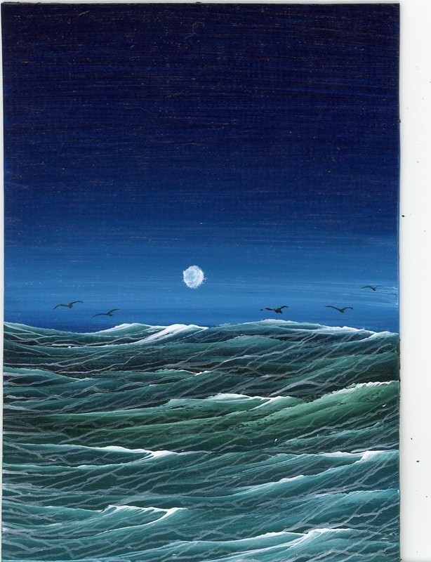ACEO Original Acrylic Rough Waves Sea Ocean Seascape Miniature Painting HYMES
