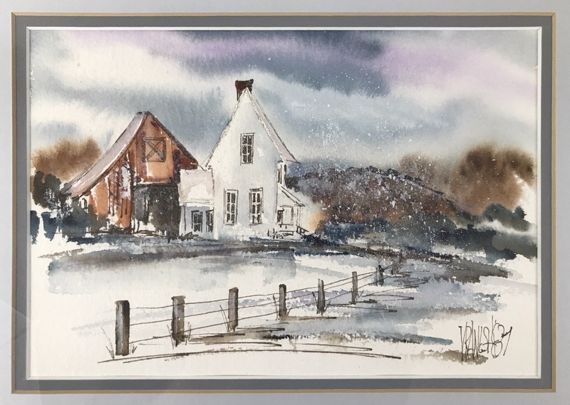 Mark Vranesh Original Watercolor Painting 1987 Winter Scene Snow Rural Barn