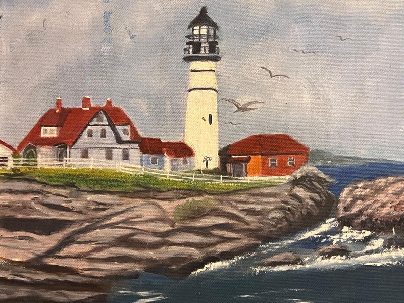 Vintage Artist Signed Painting Portland Head Lighthouse Maine Nautical Art Ocean