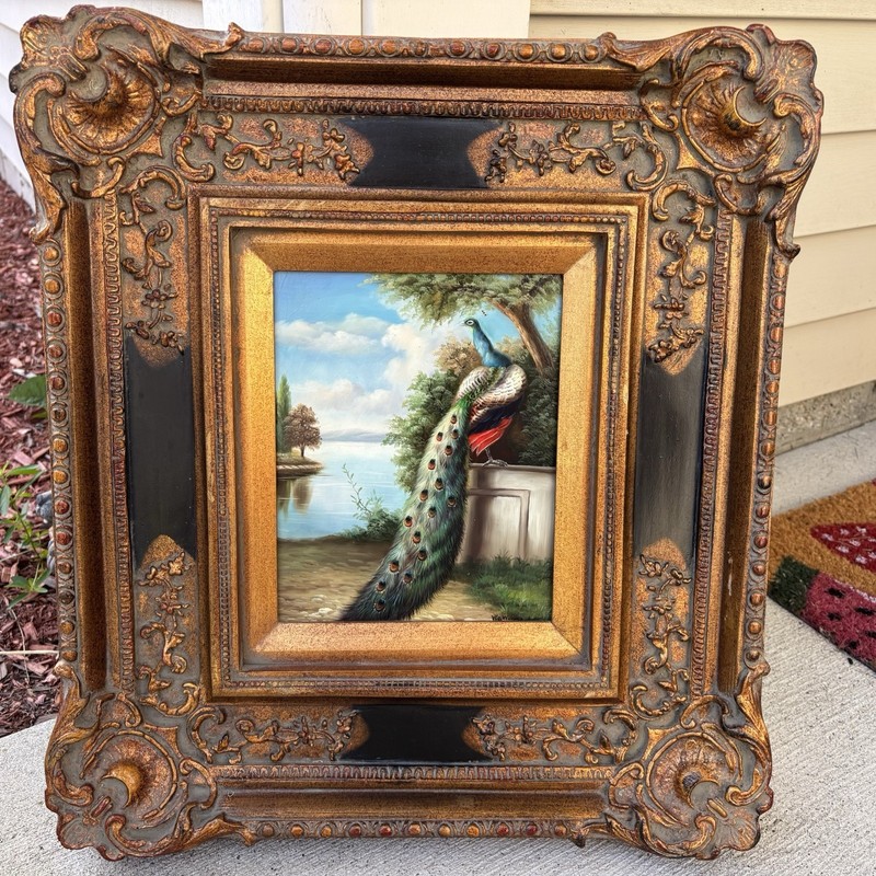 Vintage Peacock Overlooking Lake Painting Oil on Board Ornate Frame 18” x 20”