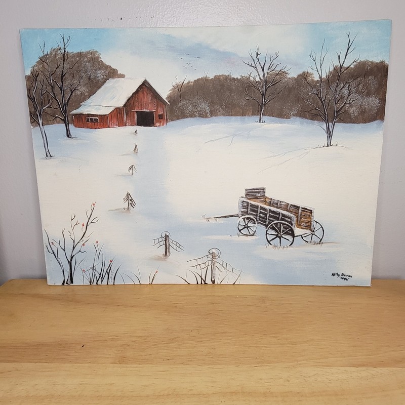 Hand-painted Winter Snow Scene Red Barn Wagon Signed