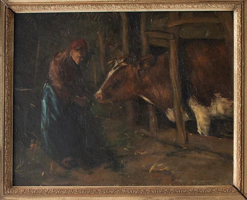 Realism Woman Portrait Peasant Woman Cow Stable illegible sign framed oil canvas gallery