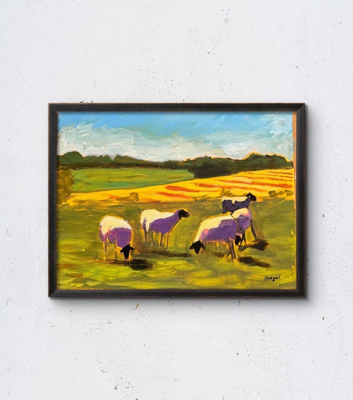Sheep Grazing in Israel Original Acrylic Landscape Painting Shepherd Scene 12x16 gallery