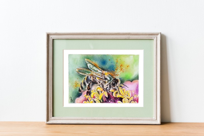 Bee Painting Pink Flower Insect Original Watercolor Collectible Art Ginna Paola gallery
