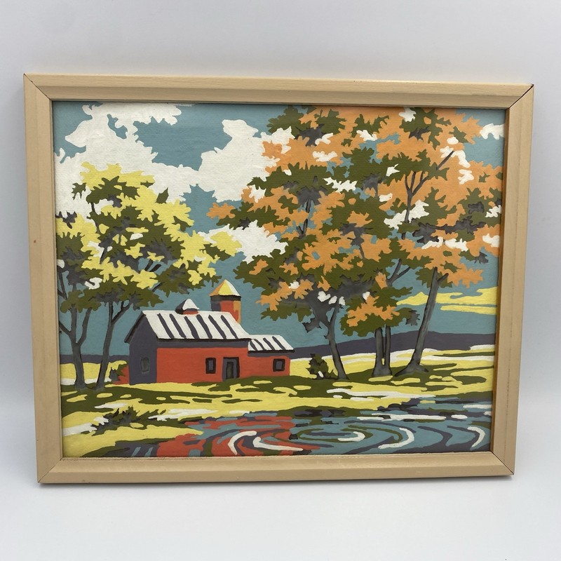 Vtg Paint By Number Framed Landscape Set 2 Red Barn Fall Church Cabin 10x8 MCM gallery