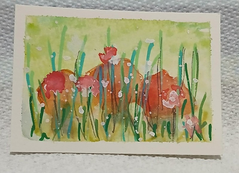 OOAK Watercolor ACEO Fairy Mushrooms Hidden Grass Mushroom Fairy Meadow Mini