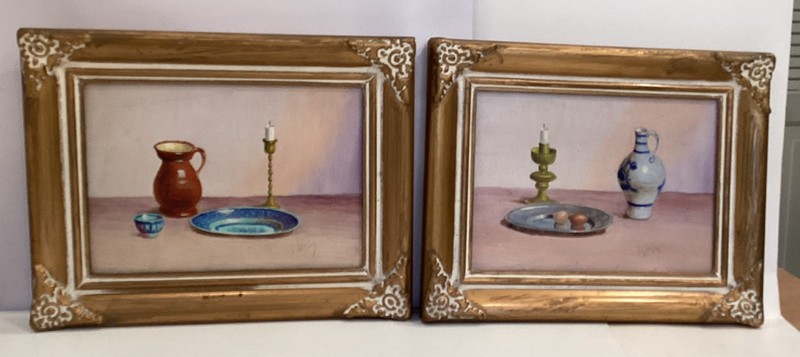 Dutch Artist V. Weley 2 Still Life SIGNED Oil Paintings W/ Gold Frames Candles/V