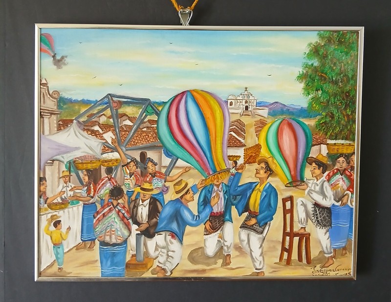 Guatemalan Folk Art Painting – The San Juan Comalapa Balloons Mid-Century