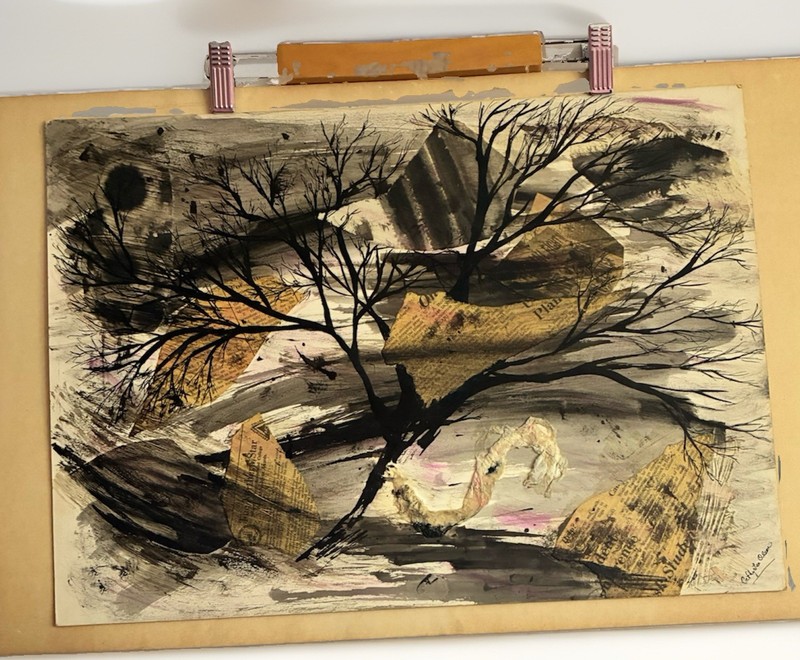 Original 1965 Cathy Lee Olson Mixed Media Collage Painting Storm Over Arboretum
