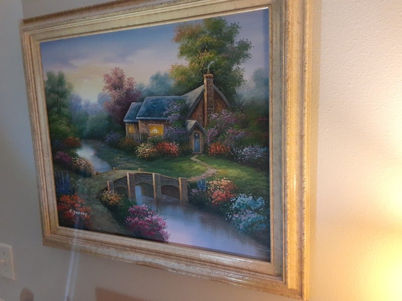 C. Jaffey Cottage Bridge Stream Painting 25x29 With Frame gallery