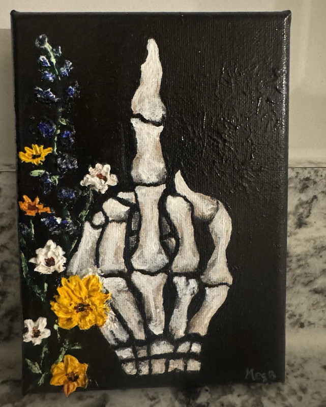 Original Skeleton Hand Floral Acrylic Painting | Gothic Botanical Wall Art |