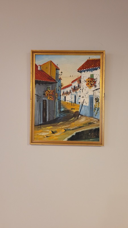 Original Vintage oil cityscape by Saavedra, 50% off, Free Shipping, $175!
