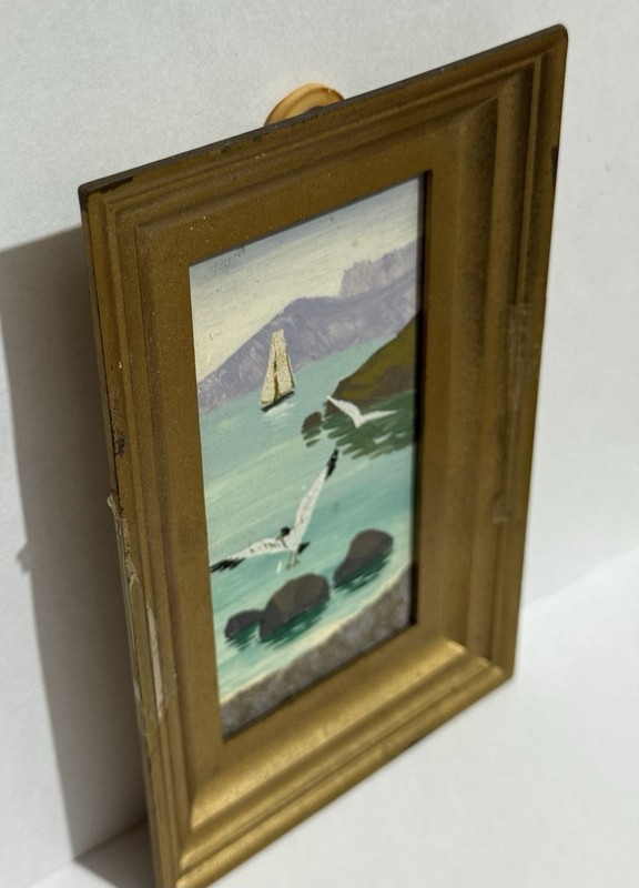 Vintage Picture Hand Painted Painting Sea Beach Mountain Art 5.5”x3.5” Plastic gallery